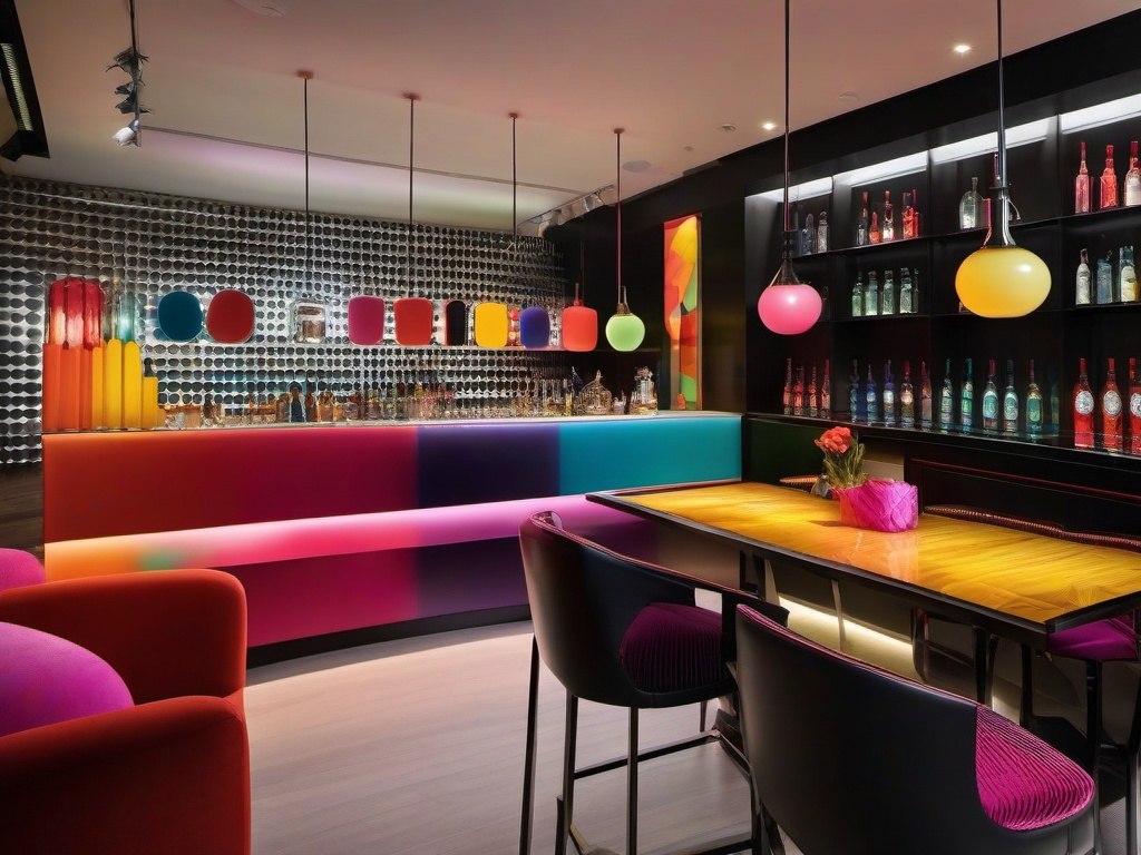 In the bar room, Pop Art interior design includes colorful bottles, unique glassware, and playful decor that create a lively environment for socializing and celebration.  