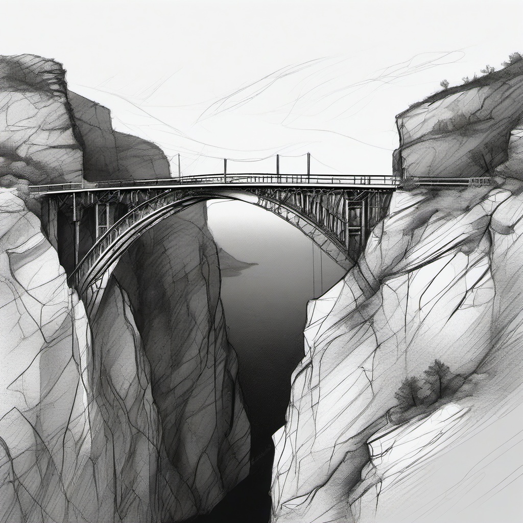 drawing of a bridge connecting two cliffs  minimal rough sketch scribbles,doodles,black and white