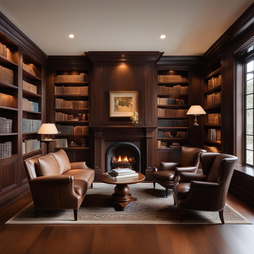 traditional library with dark wood bookshelves and a cozy fireplace. 