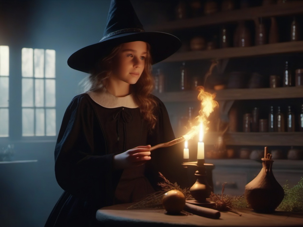 Young witch's magical experiments with potion ingredients lead to an accidental summoning of an enchanted broomstick.  8k, hyper realistic, cinematic