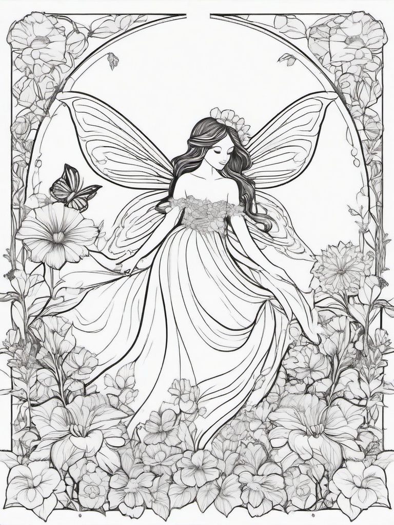 Fairy in a Garden Coloring Pages - Fairy Exploring a Magical Flower Garden  minimal black outline printable sheet, coloring page