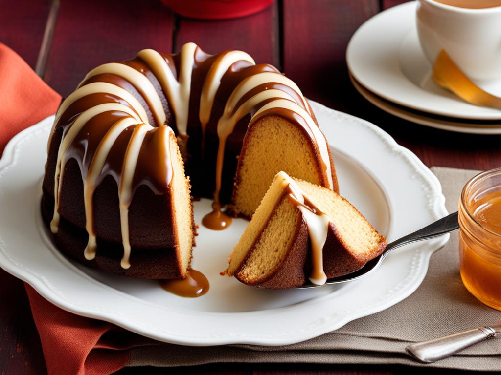 butterscotch bundt cake with a caramel drizzle, indulged at a fall festival. 