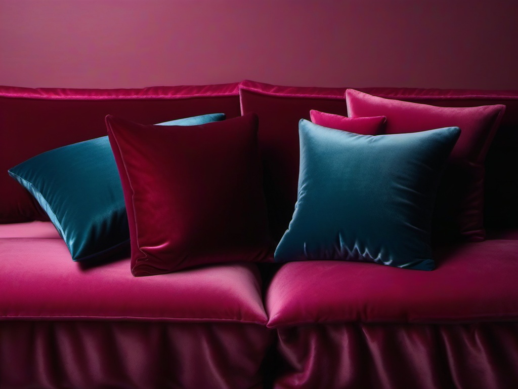 Velvet cushions and throws top view, product photoshoot realistic background, hyper detail, high resolution