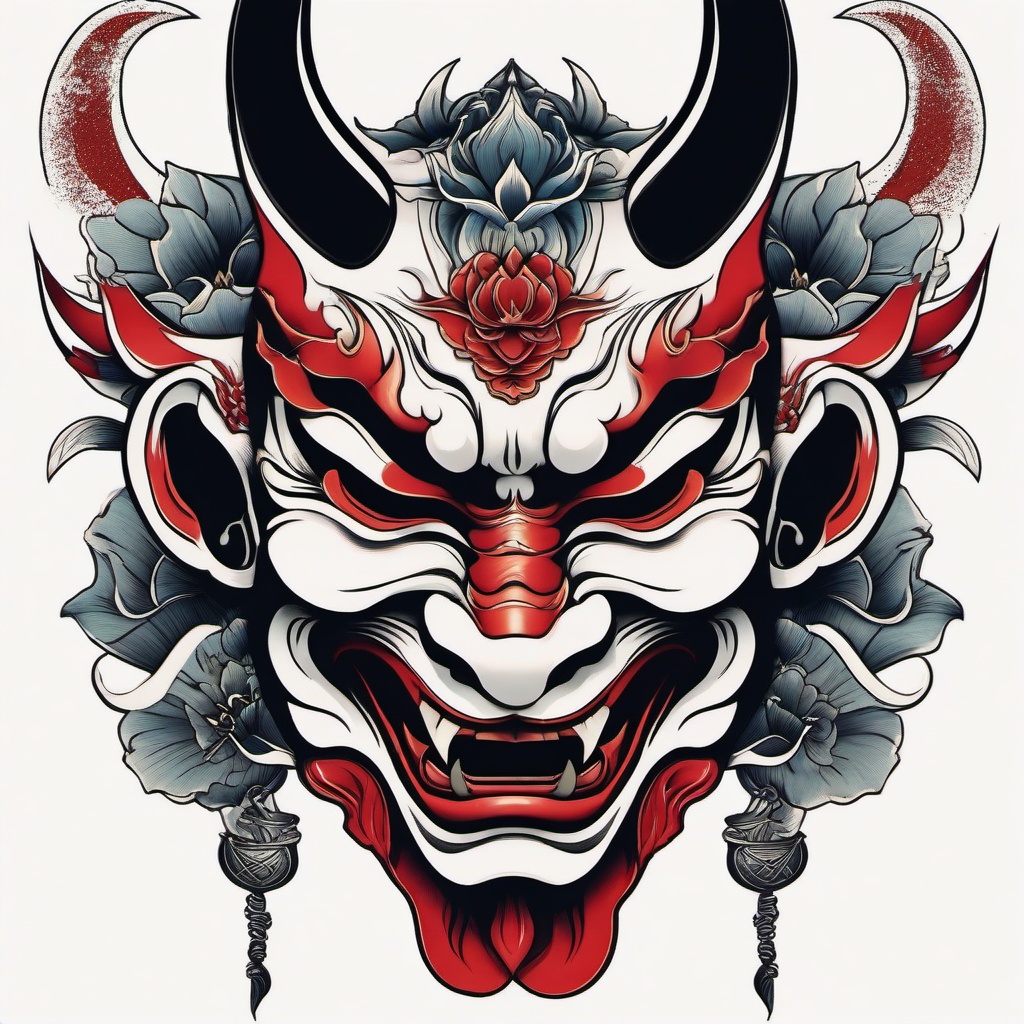 japanese hannya mask tattoo  simple color tattoo,white background,minimal