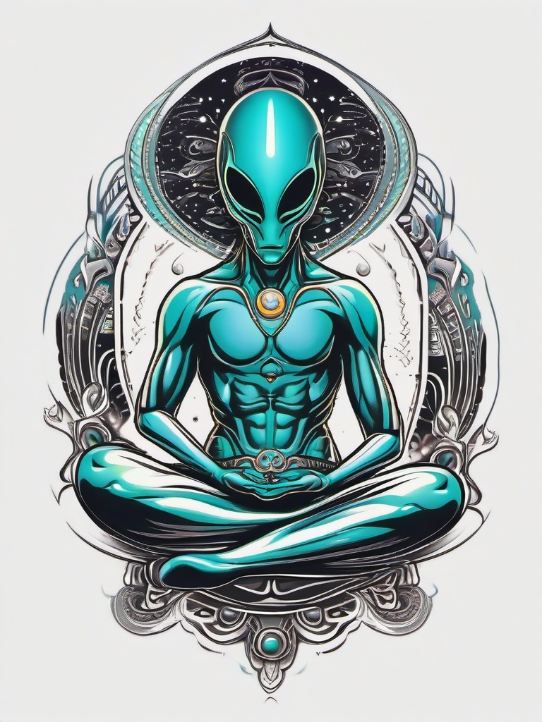 Alien Meditating Tattoo - Tranquil representation of cosmic connection in an alien meditating tattoo.  simple color tattoo,vector style,white background