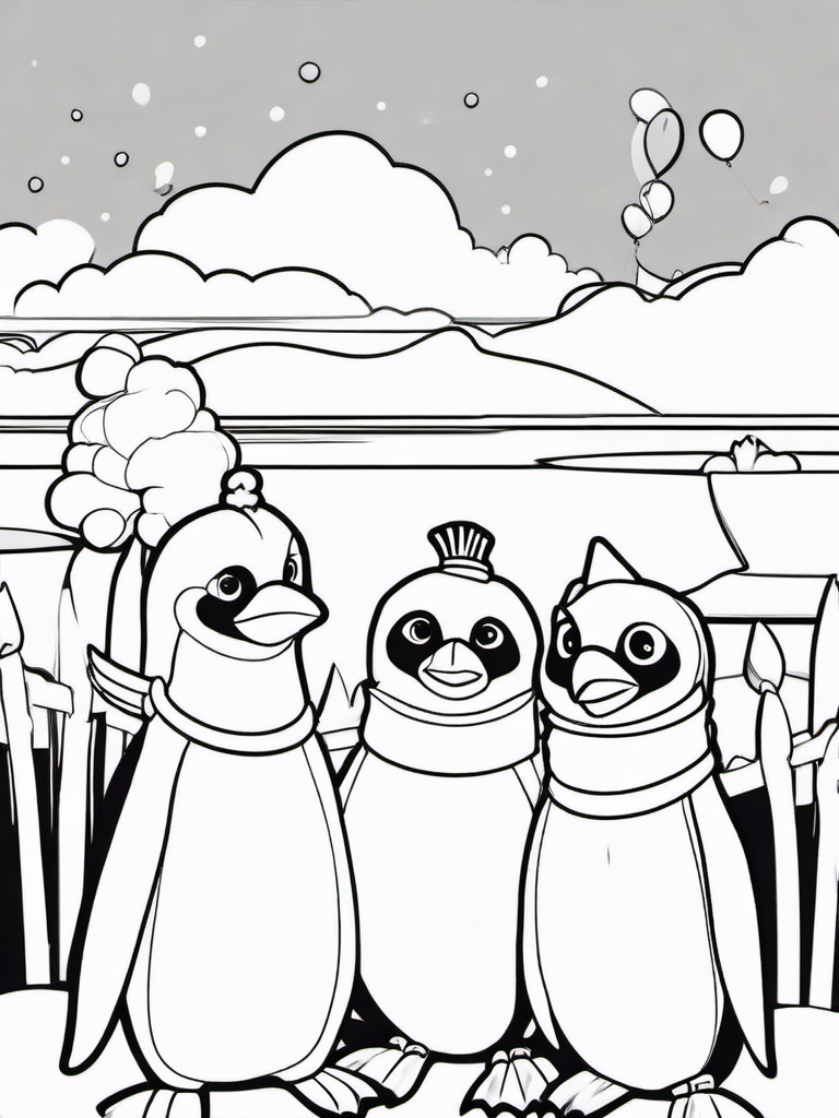 Penguin Coloring Pages - Penguin family celebrating a birthday  simple coloring pages