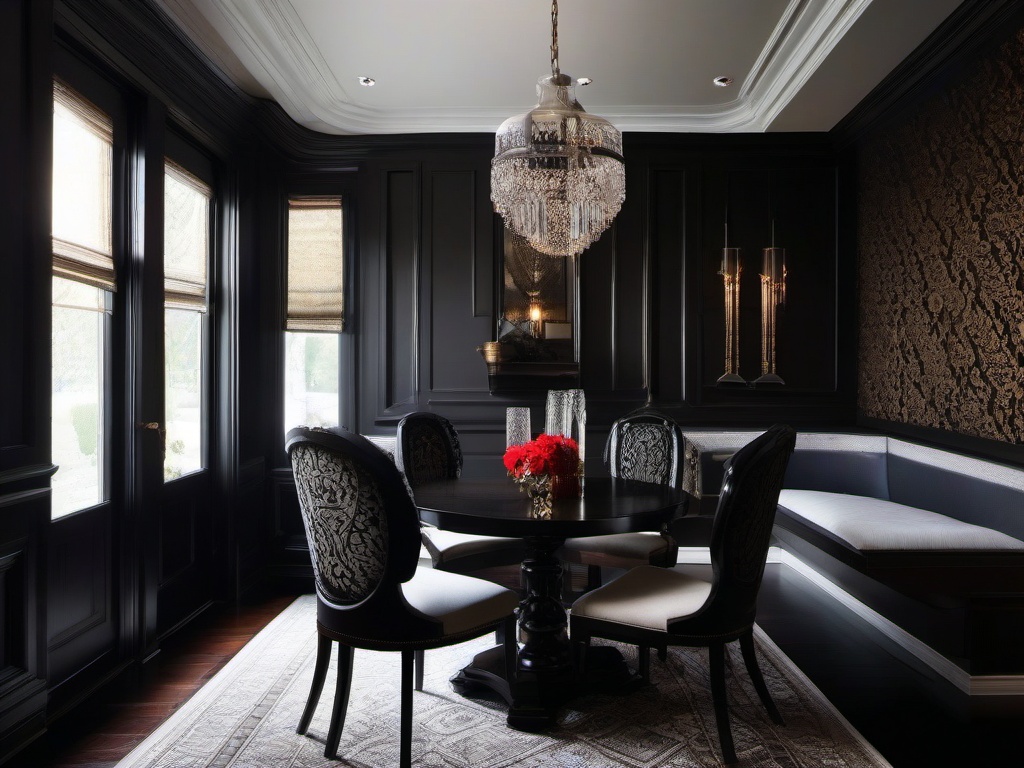 The dining nook features Gothic interior design with a small, dark wood table, high-backed chairs, and intricately patterned fabrics that create a cozy yet dramatic space for meals.  