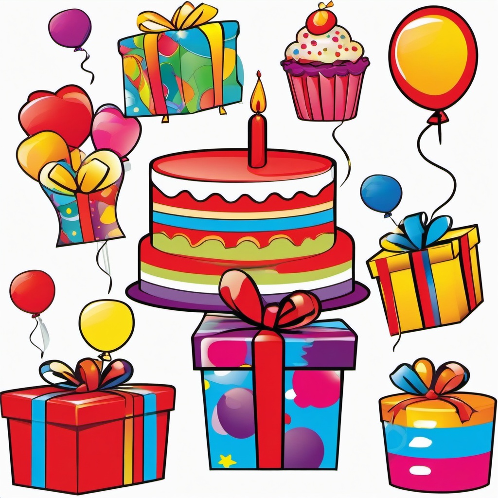 Present clipart - birthday present with balloons and cake  