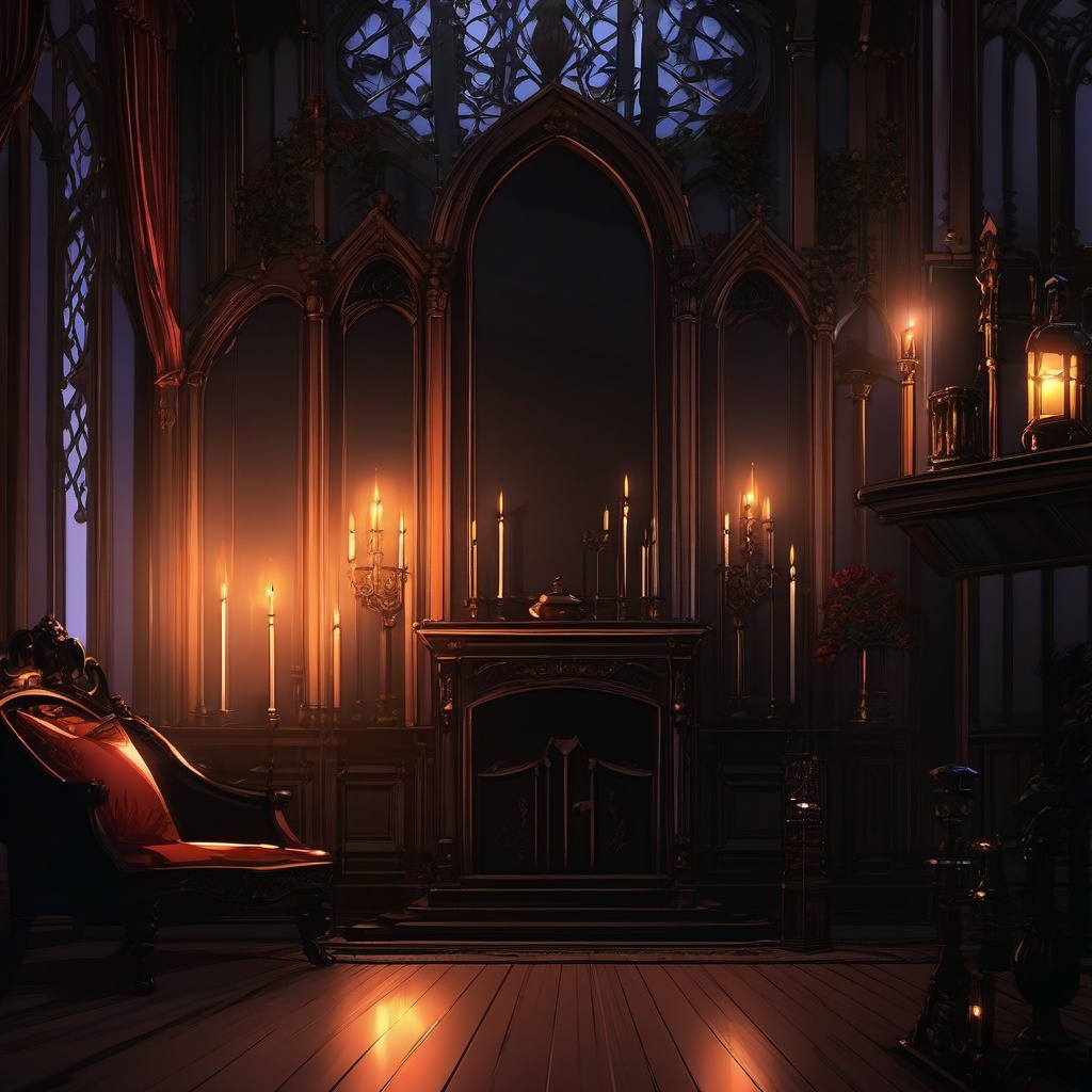 Gothic mansion interior with candlelight. anime, wallpaper, background, anime key visual, japanese manga