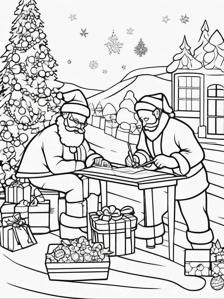 Santa and Elves Making Toys Coloring Pages - Hard at Work in the North Pole  minimal black outline printable sheet, coloring page