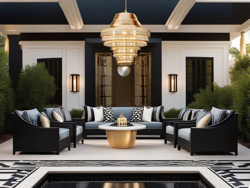 Art Deco patio includes bold geometric patterns, luxurious finishes, and stylish lighting that create a glamorous atmosphere for entertaining outdoors.  