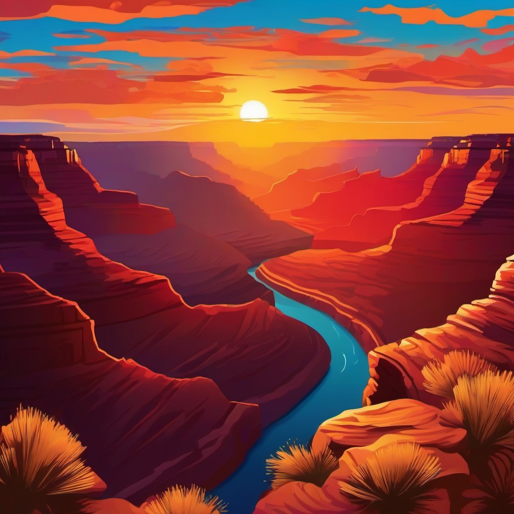 Sunset Background - Experience the breathtaking beauty of a sunset over the Grand Canyon National Park, with the sun setting behind the towering red rock formations, painting the sky with vivid colors.  intricate patterns, splash art, wallpaper art