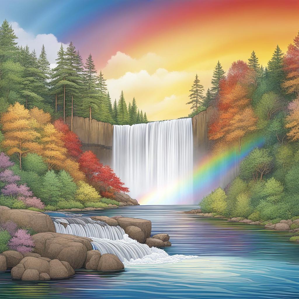 rainbow coloring pages - a double rainbow appears over a serene waterfall. 