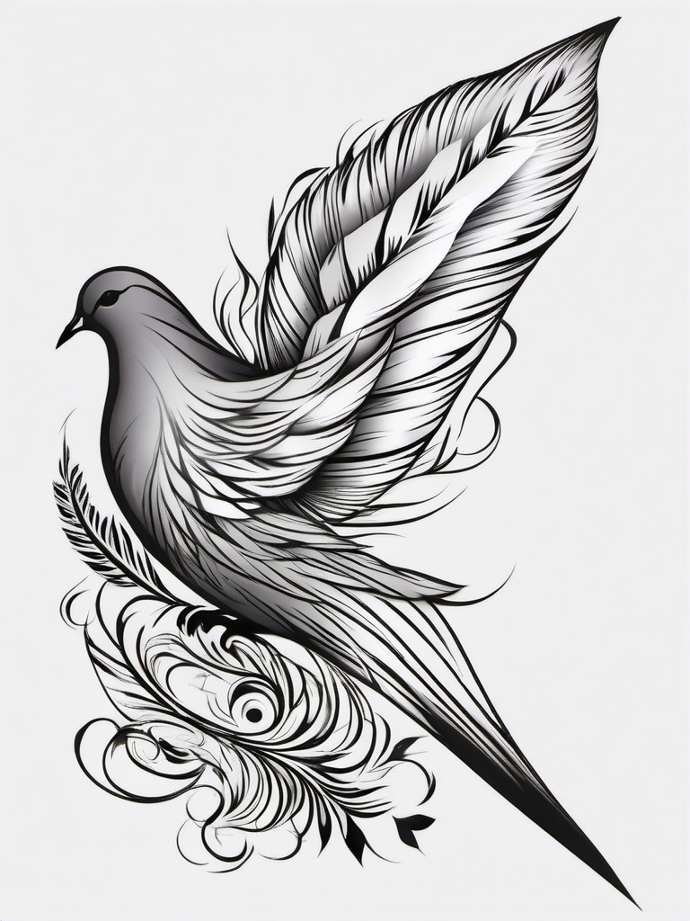 Dove Feather Tattoo-Elegant and symbolic tattoo featuring a dove and feathers, capturing themes of peace and freedom.  simple color tattoo,white background