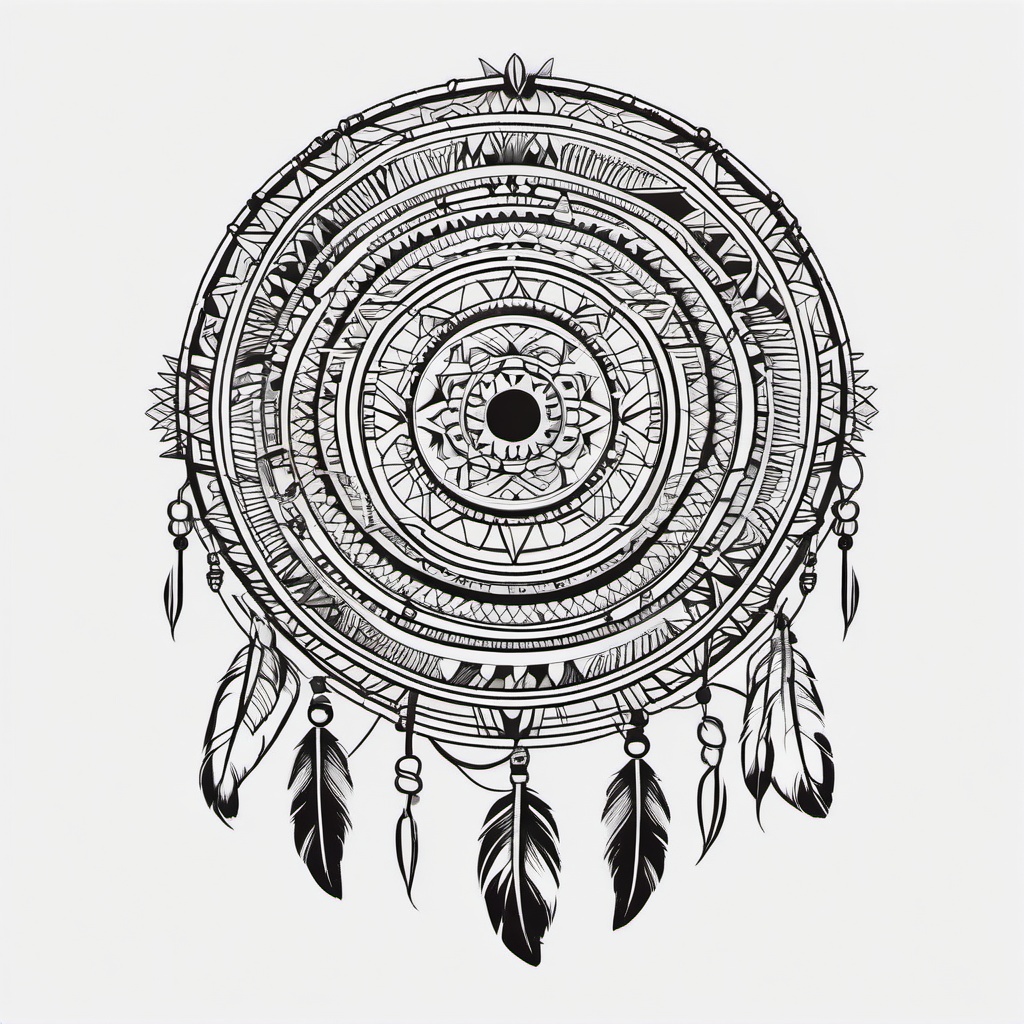 Aztec Dream Catcher Tattoo - Tattoo combining a dream catcher with Aztec-inspired elements.  simple vector tattoo,minimalist,white background