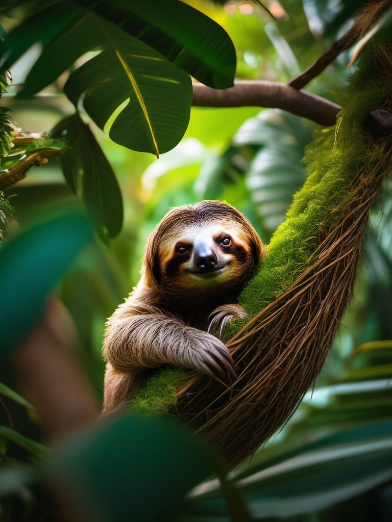 Cute Sloth Relaxing in a Canopy Hideaway 8k, cinematic, vivid colors