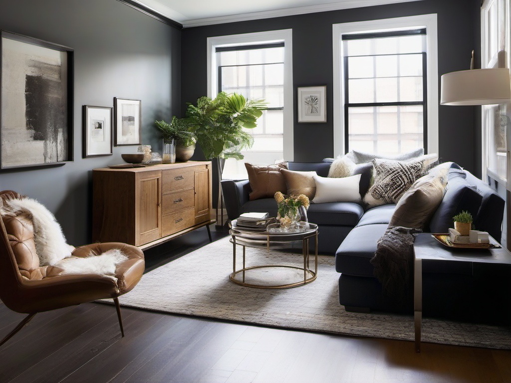 Urban Chic living room features practical furnishings, a mix of modern and vintage decor, and an open layout that embraces contemporary city living.  