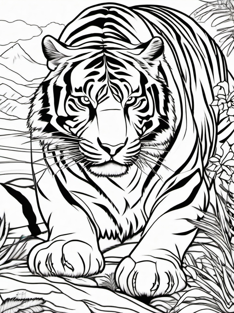 Tiger Coloring Pages - Fierce Striped Carnivorous Predator  black outline printable coloring page