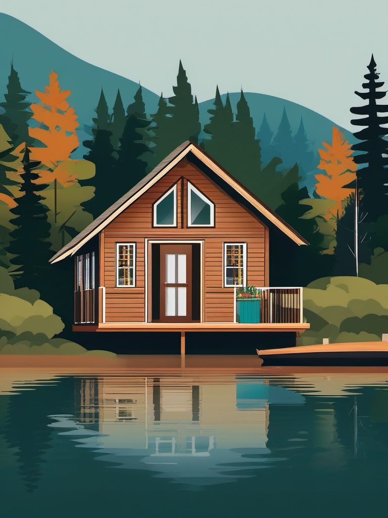 Lake Cabin Getaway clipart - A cozy cabin getaway by the lake., ,vector color clipart,minimal