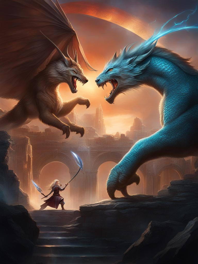 epic showdown between mythical creatures in a magical, otherworldly arena. 