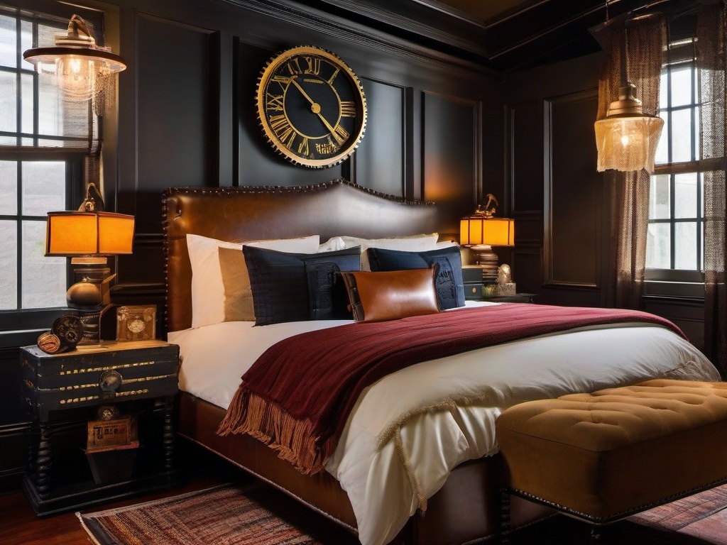 In the guest bedroom, steampunk interior design offers an adventurous atmosphere with eclectic furnishings, vintage accents, and industrial details that ensure a memorable stay for visitors.  