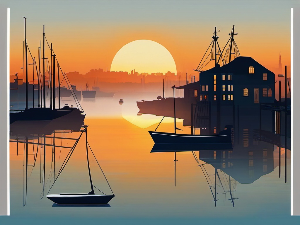 Foggy harbor at sunrise sticker- Maritime beauty, , sticker vector art, minimalist design