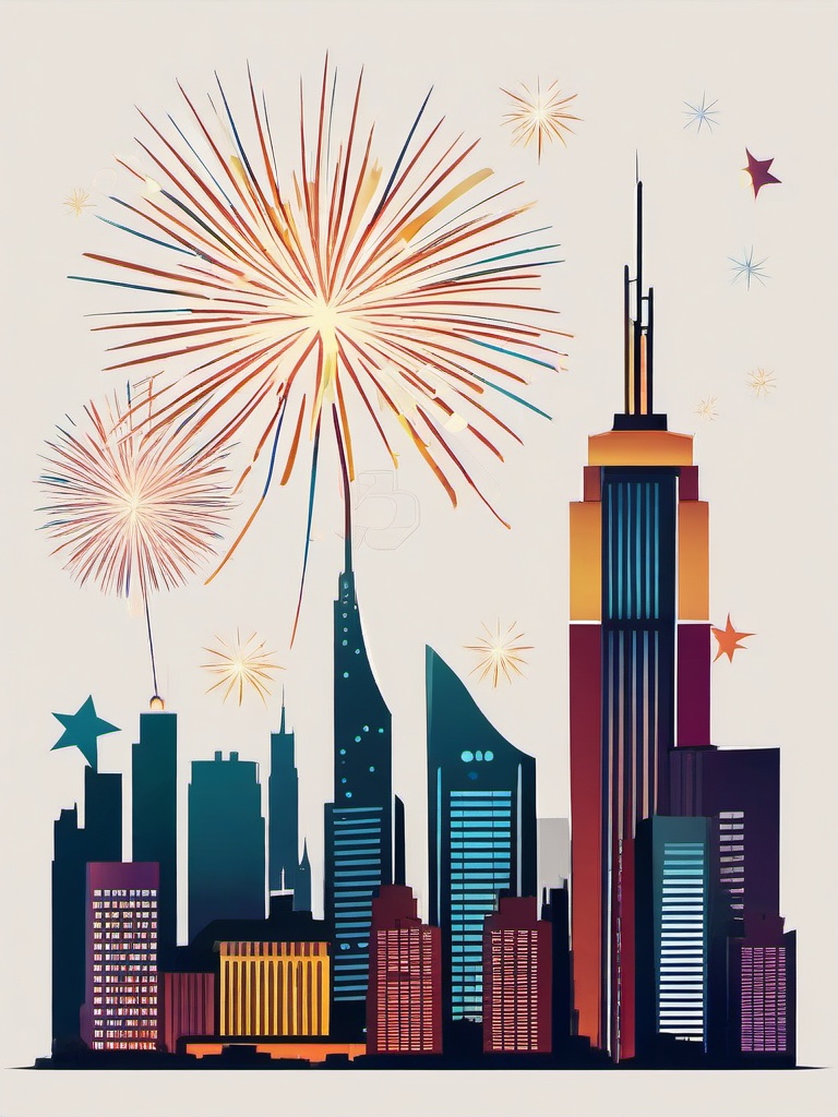 Celebration clipart - fireworks over a city skyline  color,minimalist,vector clipart