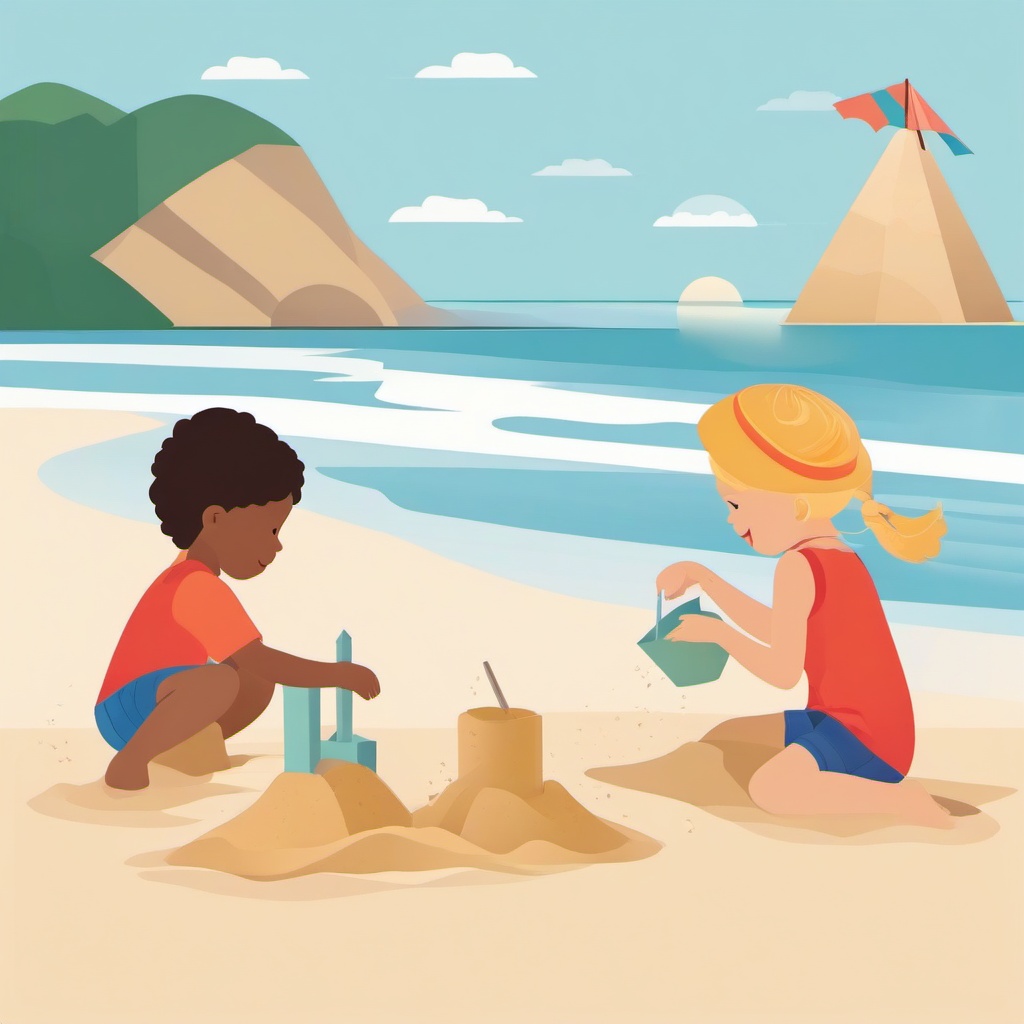 June clipart - kids making sandcastles at the beach in June  color,minimalist,vector clipart