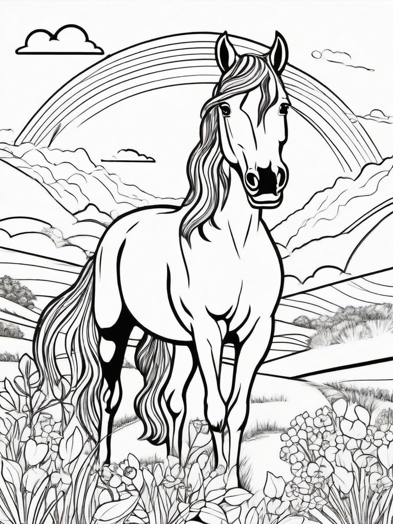 Horse and Rainbow Coloring Pages - Colorful Scene with a Happy Horse  minimal black outline printable sheet, coloring page