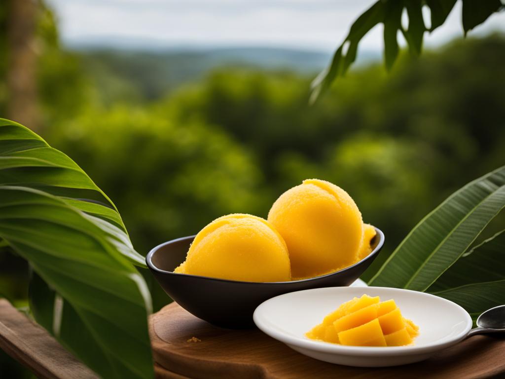 a scoop of creamy mango sorbet, bursting with the tropical sweetness of ripe mangoes. 