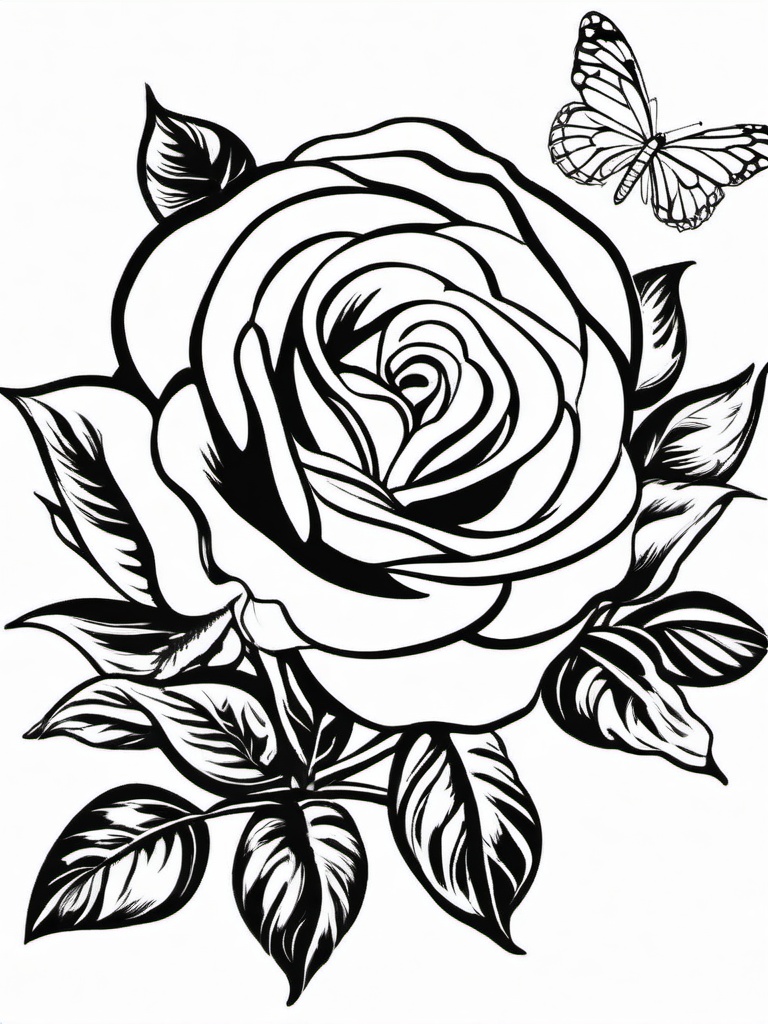 Rose Coloring Pages - Rose with a butterfly  simple coloring pages