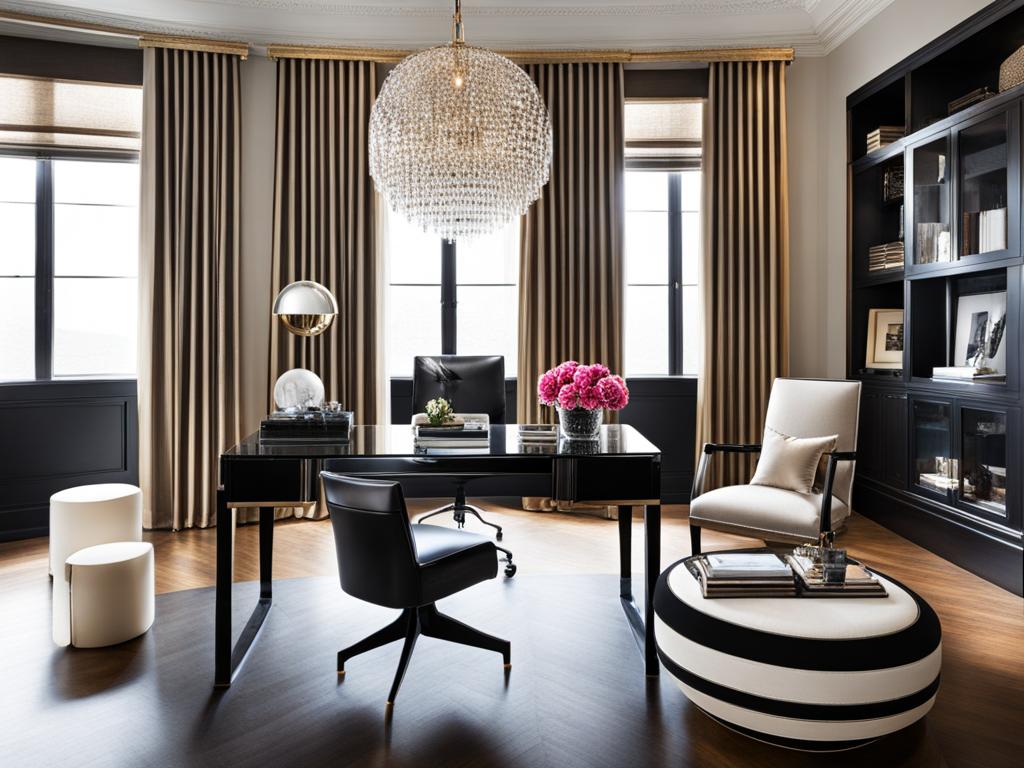 chic office with a glass desk and designer furnishings. 