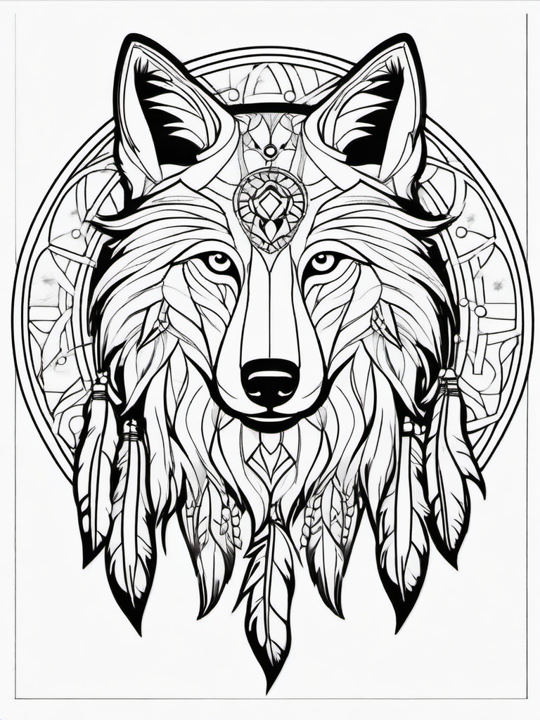 Wolf Coloring Pages - Wolf with a dreamcatcher design  simple coloring pages