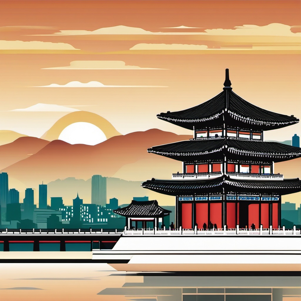 Seoul clipart - Gyeongbokgung Palace and Seoul skyline, ,color clipart vector style