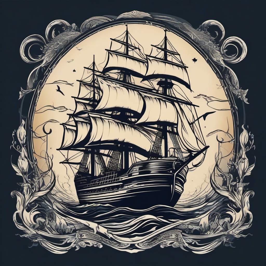 Ghost Ship Tattoos-Haunting beauty, symbolizing the allure and mystery of supernatural maritime tales.  simple vector color tattoo