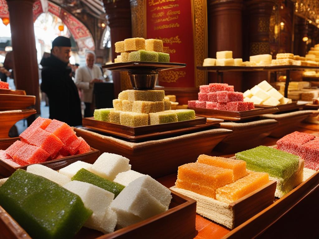 turkish delight, lokum, enjoyed at a serene tea ceremony in the grand bazaar of istanbul. 