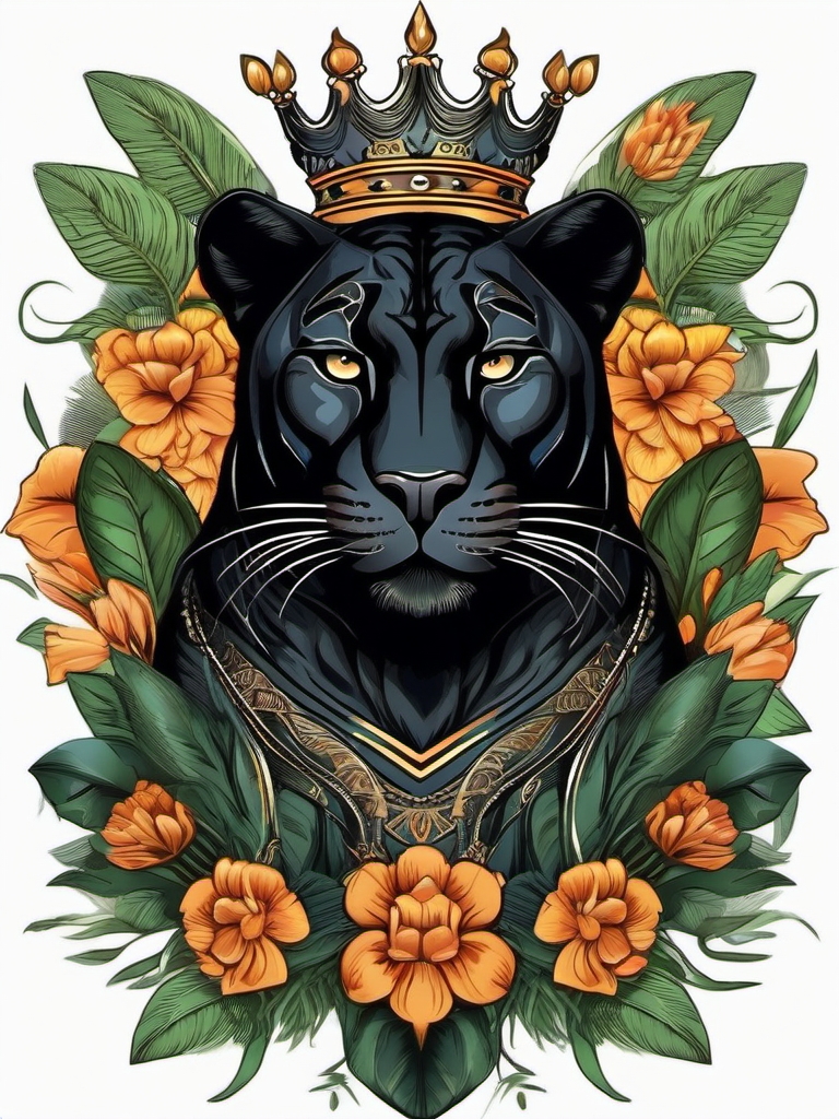 Regal black panther with a crown tattoo. Monarch of the jungle.  color tattoo, white background