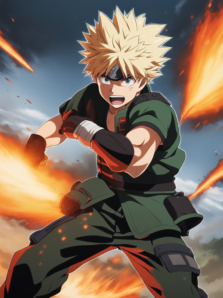 katsuki bakugo blasts explosive attacks during intense combat training. 