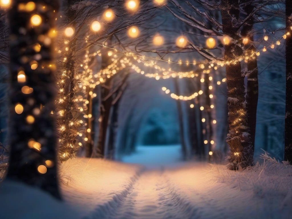 Christmas wallpaper - Frosty forest path illuminated by golden string lights  aesthetic background wallpaper