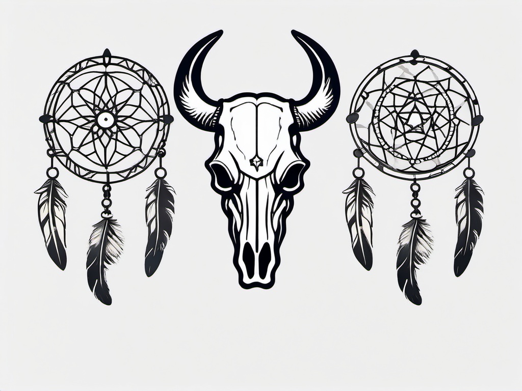 Cow Skull Dream Catcher Tattoo - Tattoo combining a dream catcher with cow skull motifs.  simple vector tattoo,minimalist,white background