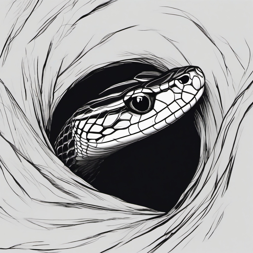 drawing of a snake peeking out of a hole  minimal rough sketch scribbles,doodles,black and white