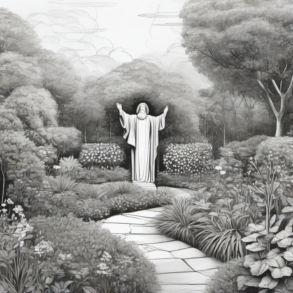 drawing of God in a garden  minimal rough sketch scribbles,doodles,black and white