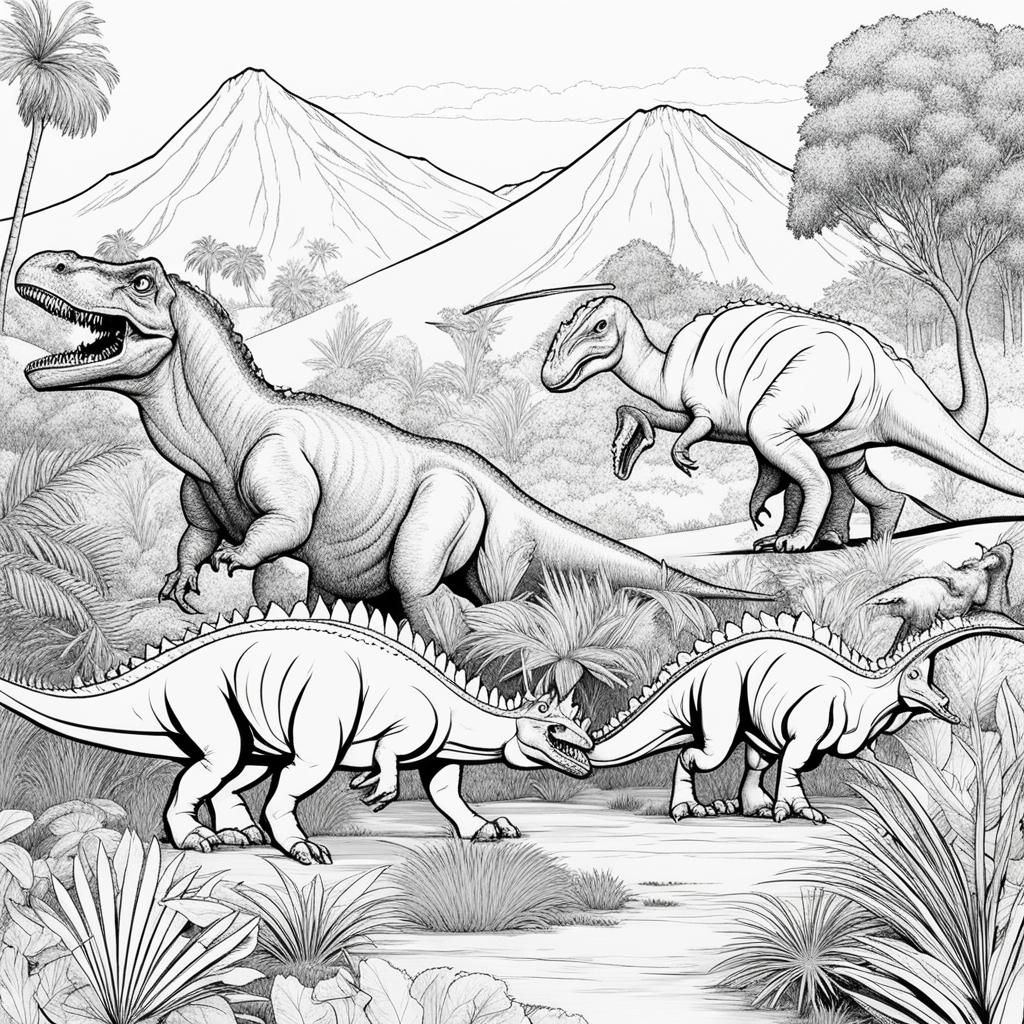 dinosaur coloring pages - a group of herbivore dinosaurs grazes peacefully. 