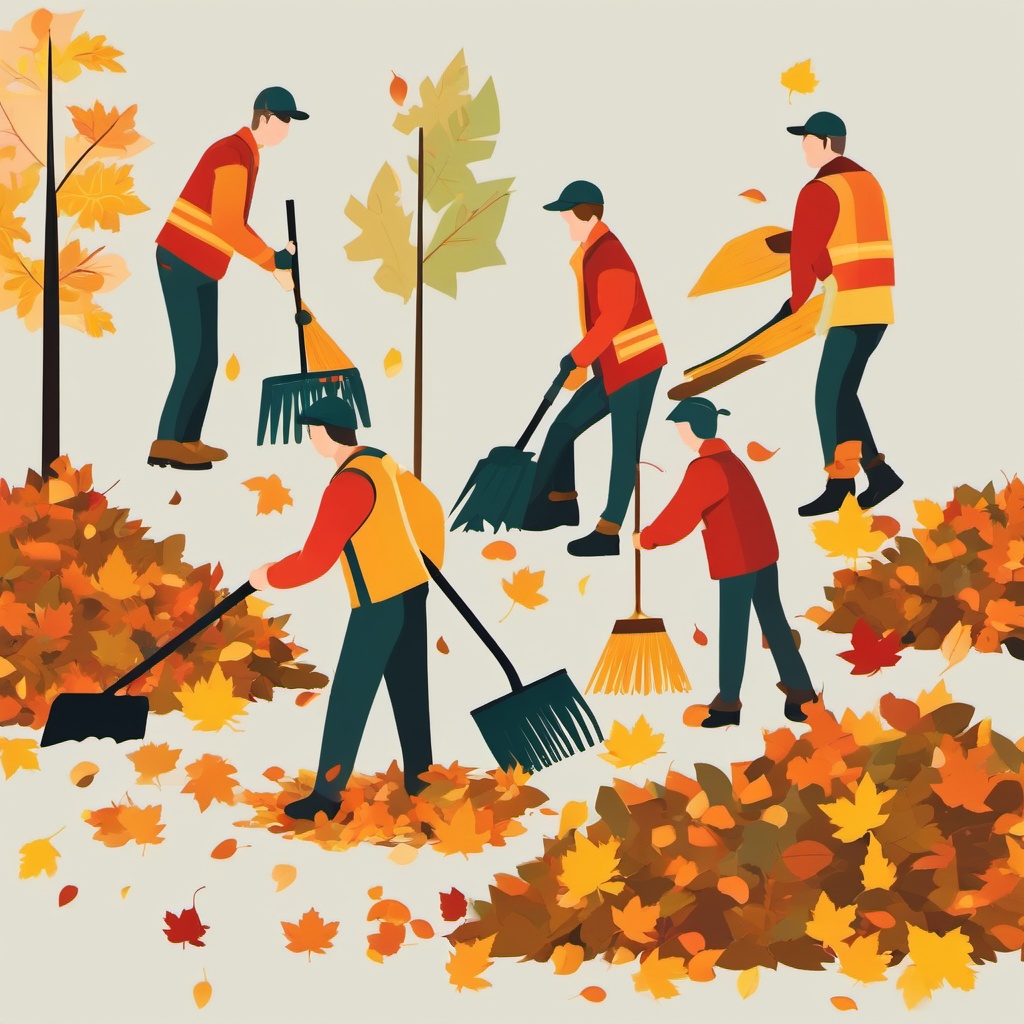 Leaf Raking Team clipart - Teamwork in raking leaves, ,vector color clipart,minimal