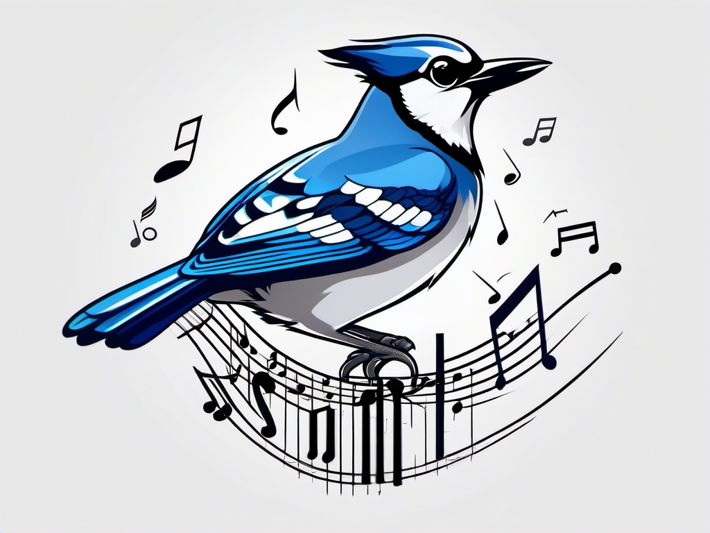 Blue Jay tattoo surrounded by musical notes, creating a symphony.  color tattoo style, minimalist design, white background