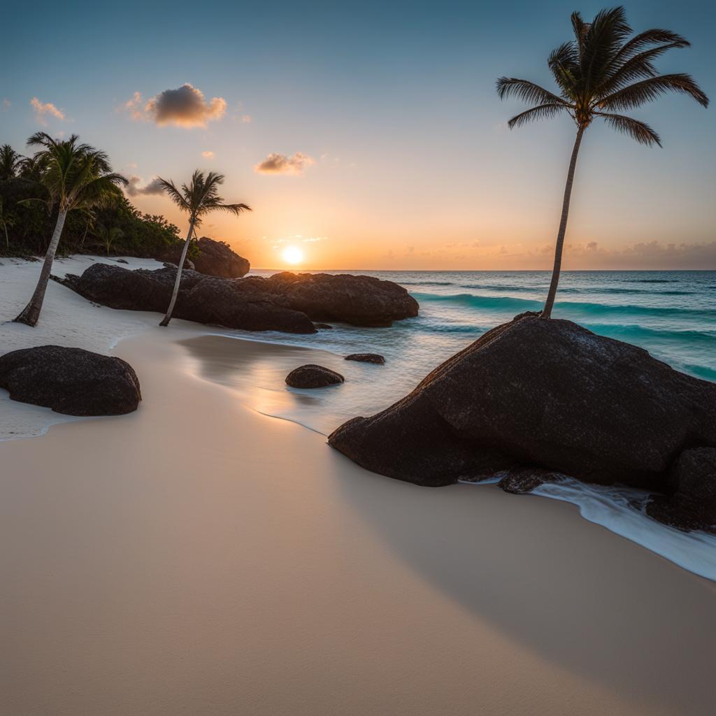 tulum's beaches - imagine a serene night on tulum's beaches, with their white sands, swaying palms, and the gentle lullaby of ocean waves under the moon. 