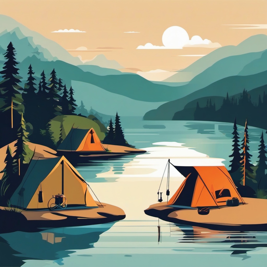 Camping Trip by the Lake Clipart - Campers on a trip by a serene lake.  color vector clipart, minimal style