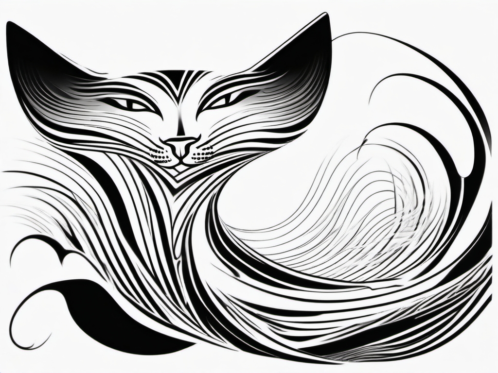 Fluidity in feline movement with abstract cat waves tattoo, a dynamic artwork.  black white outline tattoo, white background