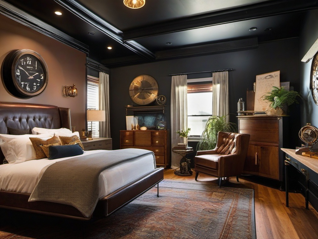 Steampunk master bedroom features vintage-inspired furniture, industrial accents, and creative decor that create a unique and imaginative space.  