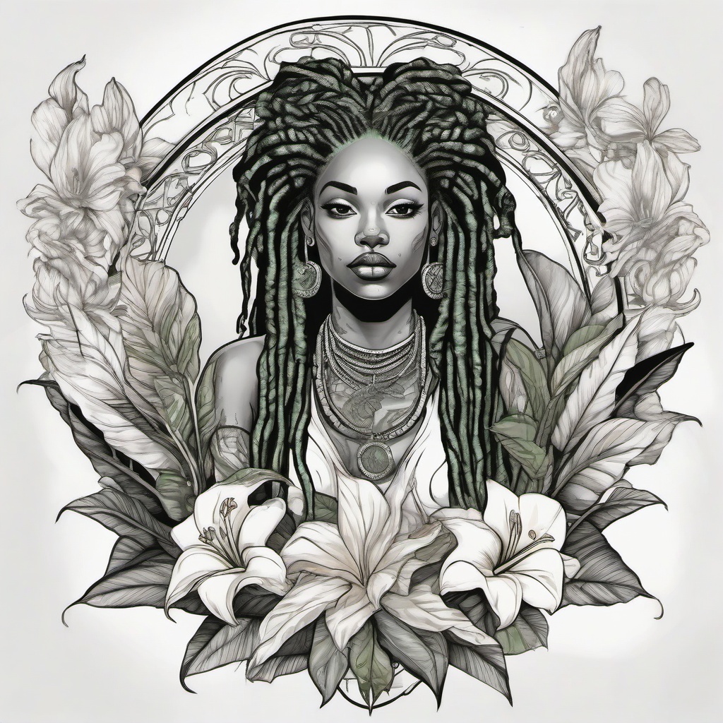 Oshun with dreadlocks holding peace lily and mirror   ,tattoo design, white background